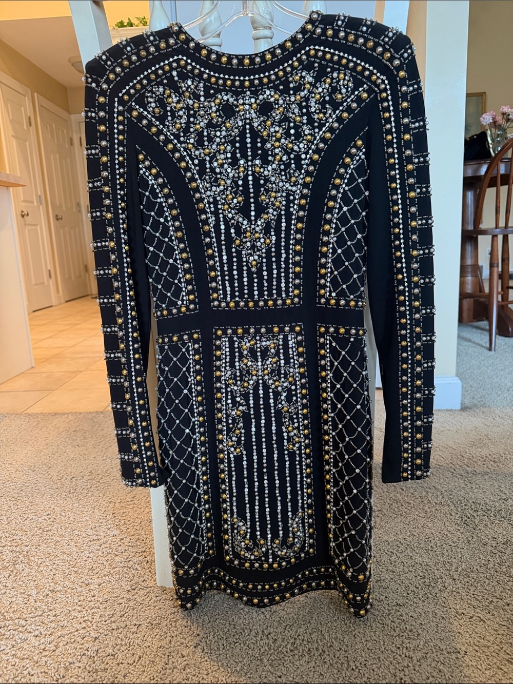 Tony Bowls Black Long-Sleeve Beaded Cocktail Dress